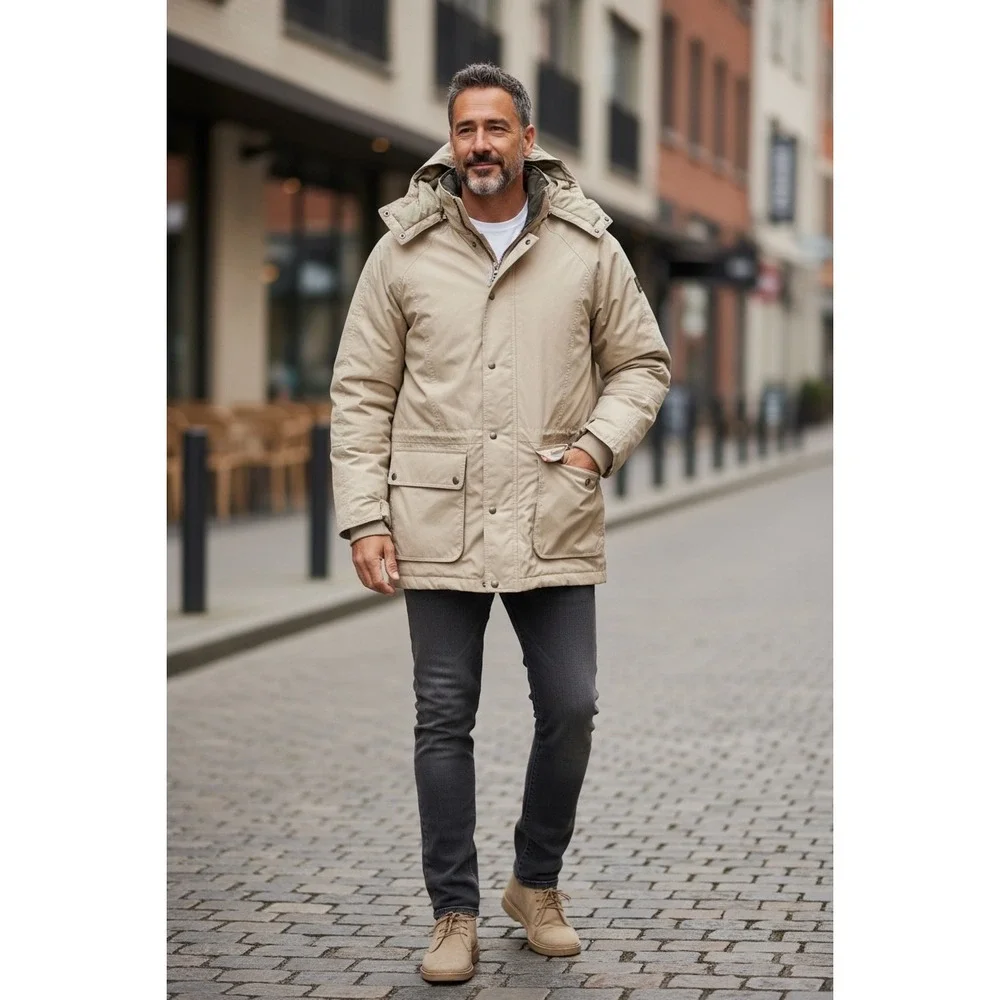 Vintage London Fog Mens Tan Down Filled Parka Hooded Coat Medium removable liner